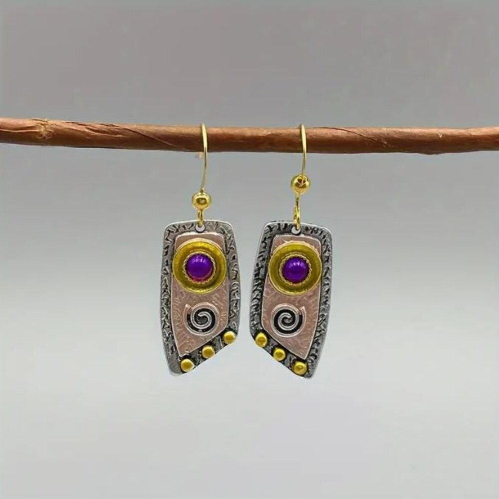 NEW Artisan Mixed Media Silver/Gold Purple Cabochon Boho Drop Earrings - Picture 1 of 3